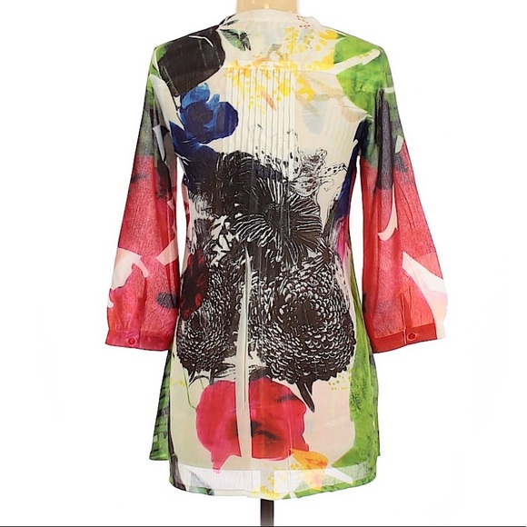 Papillon Tropical Print Semi- Sheer Button Blouse - Picture 2 of 6